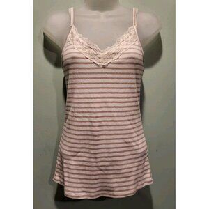Y2K Tan White Stripe Lace Trim Cami Tank Top Old Navy Sz M